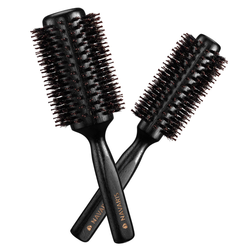 Navaris Black Round Hair Brush Set Of 2 - Ã 25 And 40Mm - Boar Bristle Hairbrushes For Women And Men - Anti Static Hairbrush Set For Styling Curls