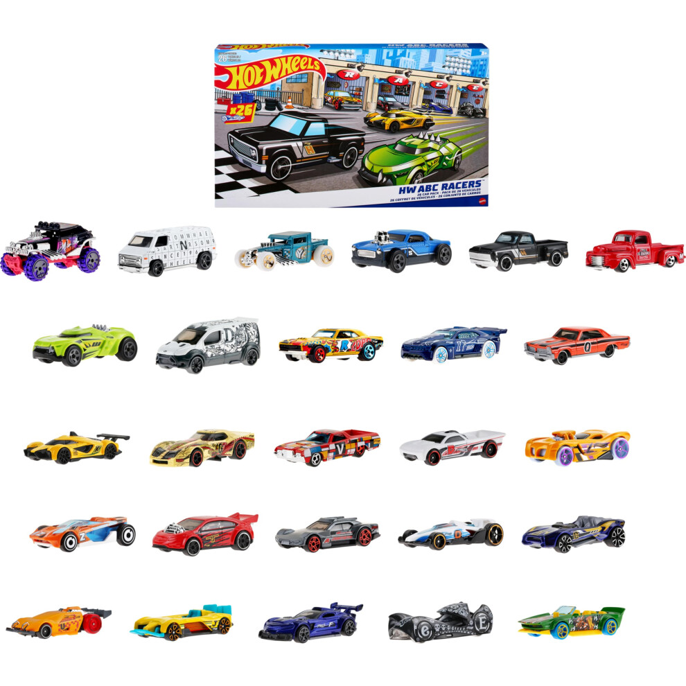 ABC Racers, 26 Hot Wheels Cars in 1:64 Scale with Letters of the Alphabet, Learn to Spell & Read with Hot Wheels Toy Cars, HKL76