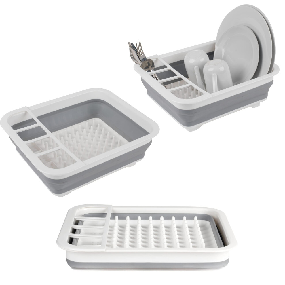 LA031051 Collapsible Dish Drainer - Plastic Sink Drying Rack With Cutlery Divider, Foldable For Compact Storage, Durable For Plates, Cups, Pots & Pans