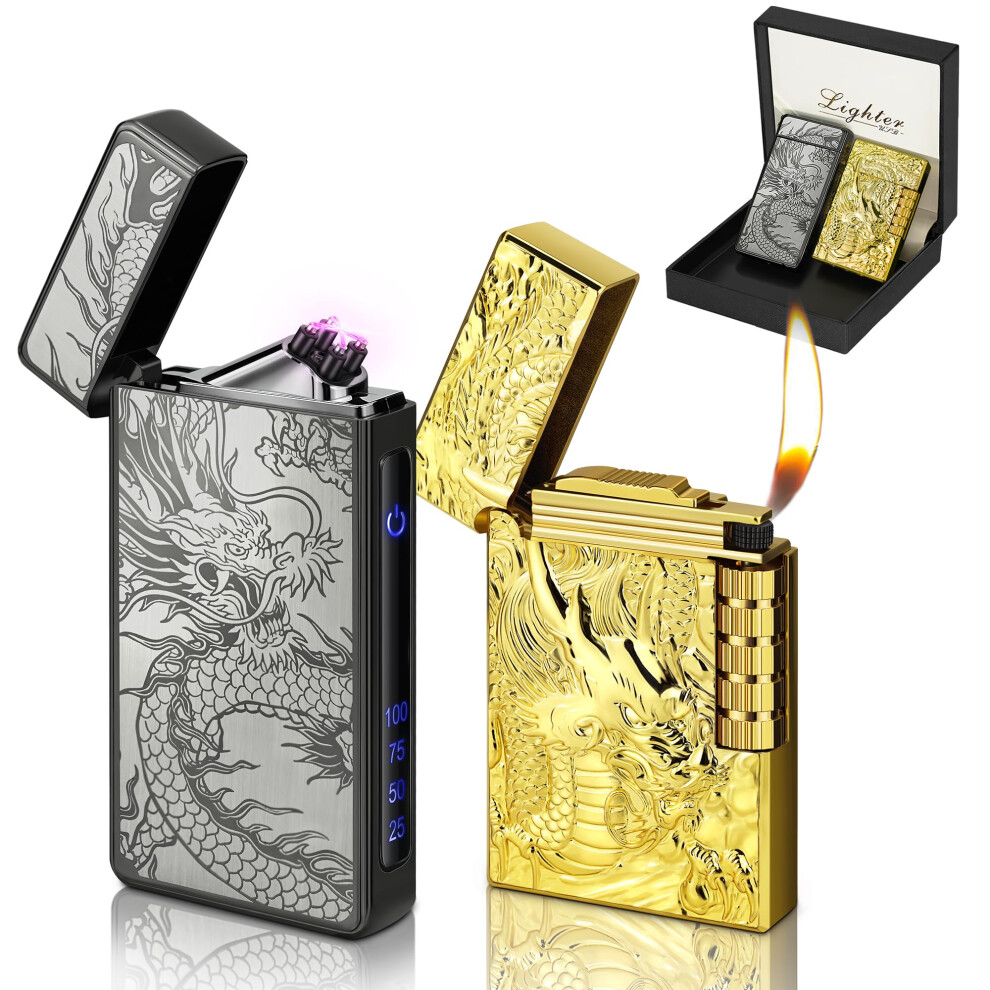 2 Pack of Dragon Lighters, Electric Arc Lighter + Soft Flame Metal Lighter, USB C Recharge & Butane Gas Refill, Multipack Lighters for Gift, Men (No