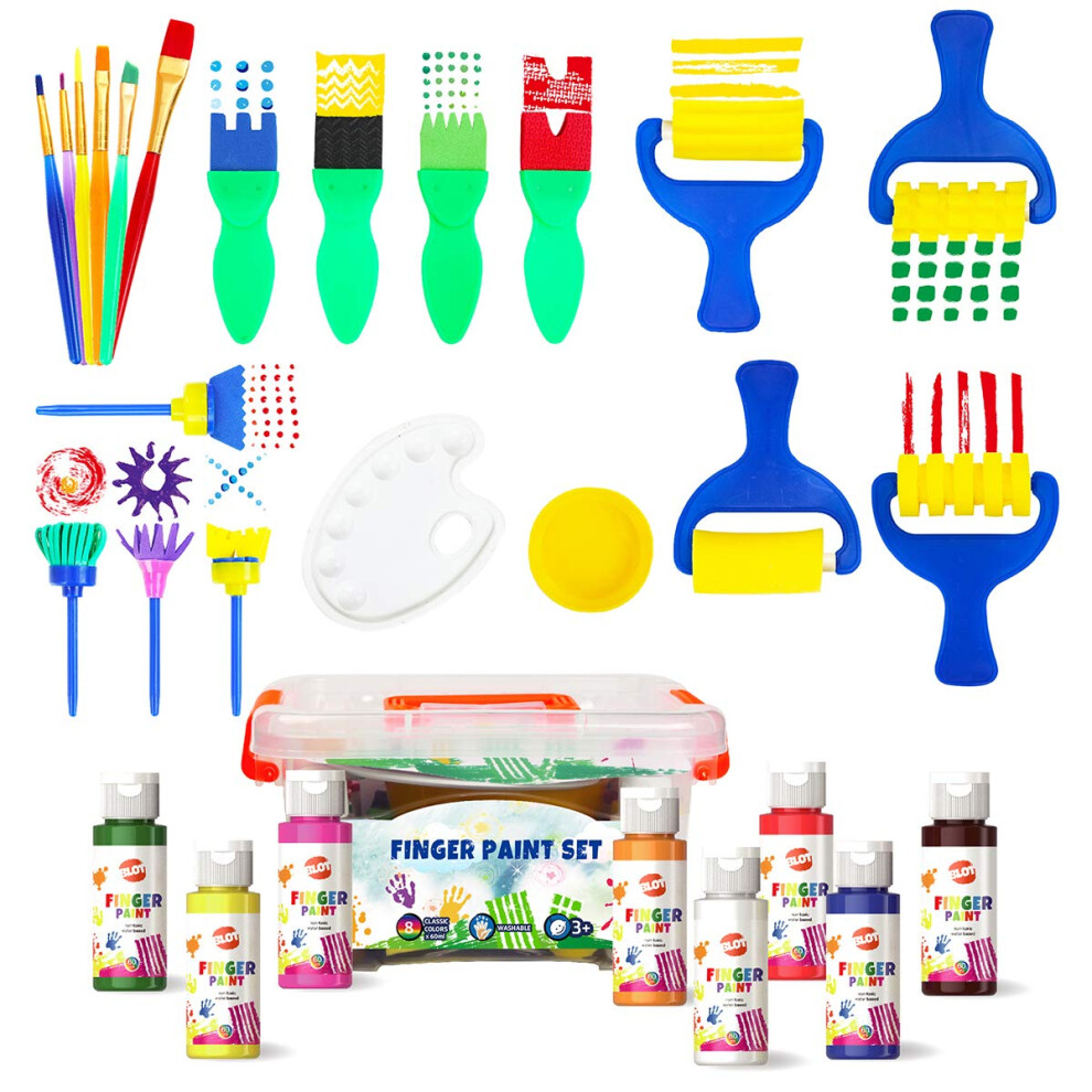 Kids Paint Set Washable Finger Paint with Assorted Painting Brushes Sponges Portable for Kids Toddlers Drawing Gifts, Age 3+