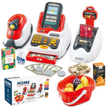 Pretend Play Cash Register Toy Role Play Shopping Cashier Playset with Scanner Card Machine Toy Foods Fruits 33pcs Set Funtional Checkout Game