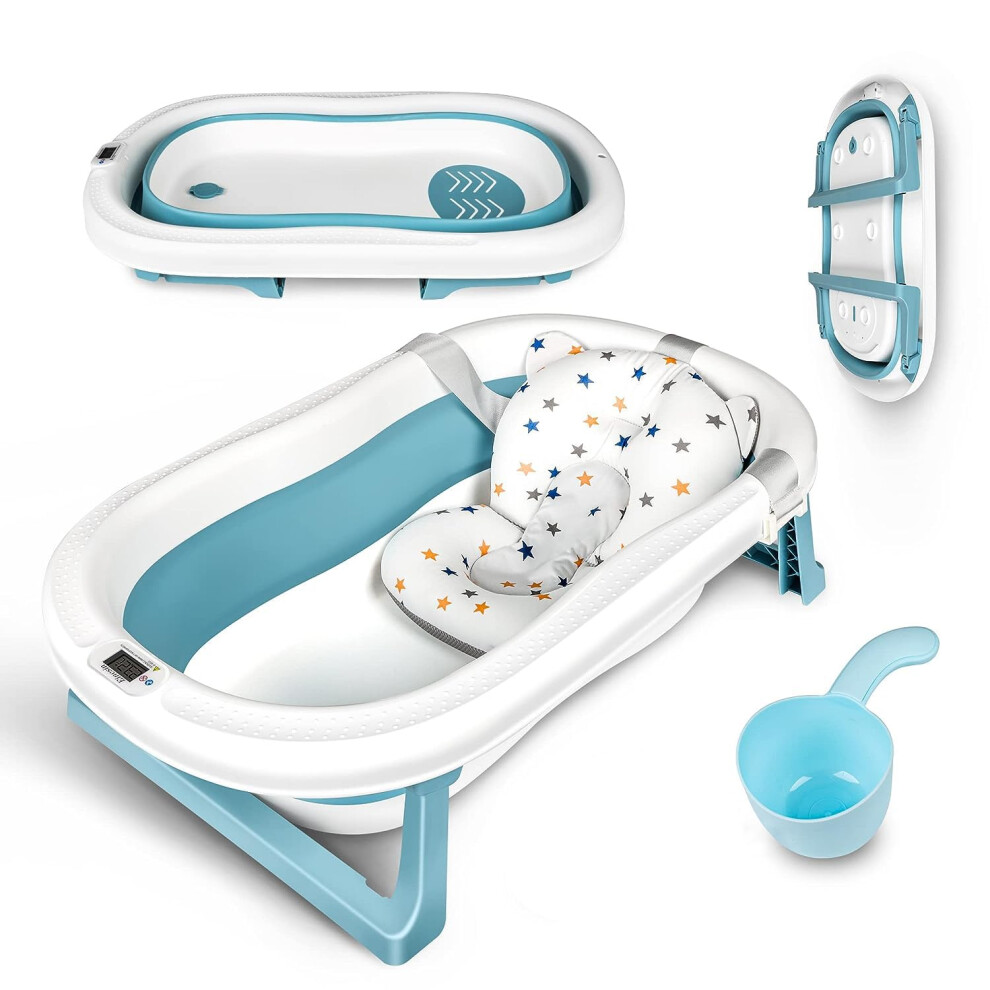 Large Size Baby Bathtub With Temperature Sensing, Foldable Baby Bath Tub With Cushion Pad, Non-Slip Support Leg, Collapsible Tub For Toddler Baby Kids Einesin