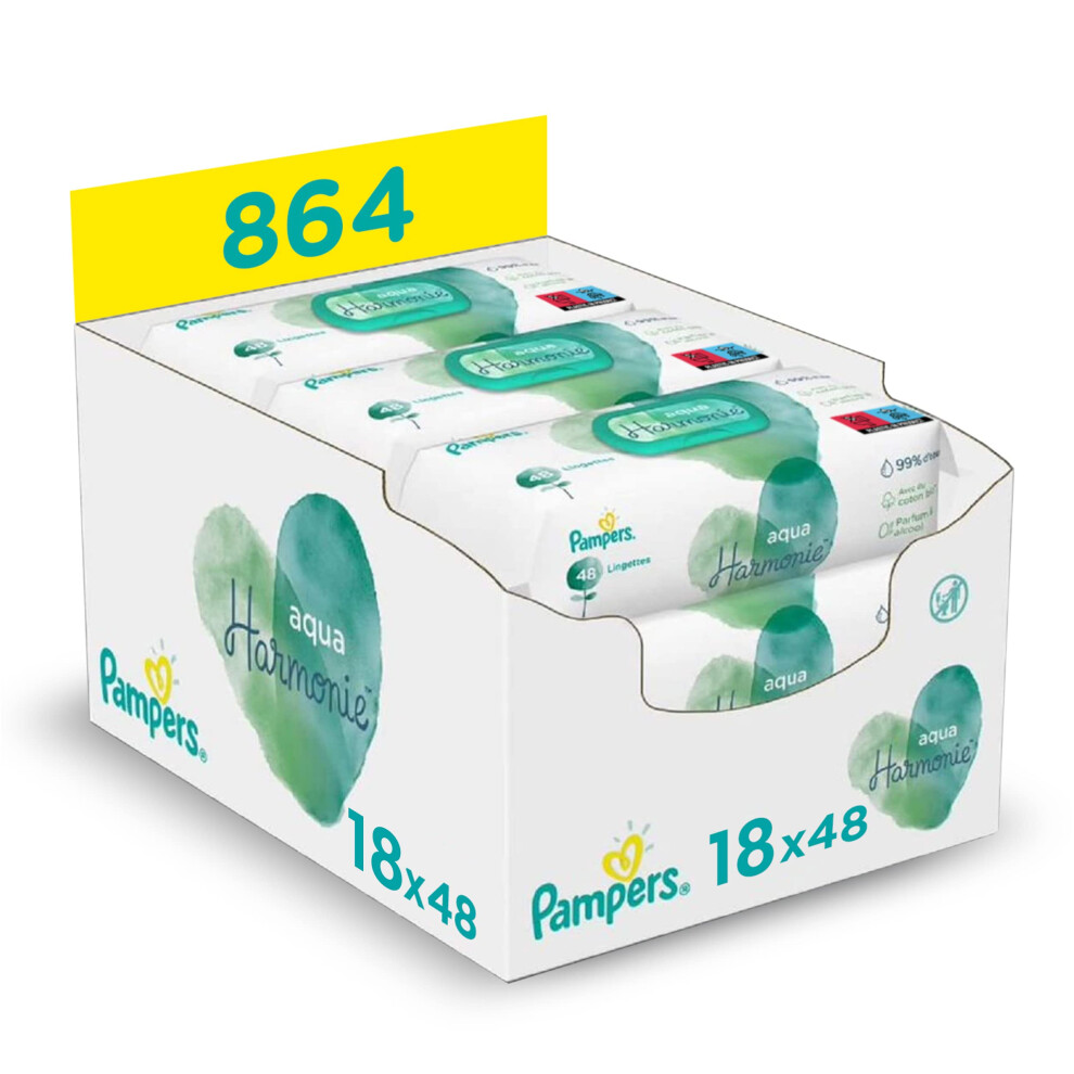 Pampers Aqua Harmony Wipes, Made Of 99% Pure Water And Fragrance Free And Alcohol-Free, Pack Of 6 X 144 Wipes (Total 864 Wipes)