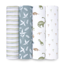Essentials Disney Baby Muslin Swaddle Blankets, Newborn Receiving Blanket for Swaddling, 100% Cotton Baby Swaddle Wrap, 4 Pack, Dino Jungle