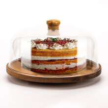 Rotating Cake Stand with Acrylic Dome Lid 11 Inch Acacia Wooden Cake Display Stand Turntable with Clear 282(Ø) x 115(H) mm Cover for Birthday,