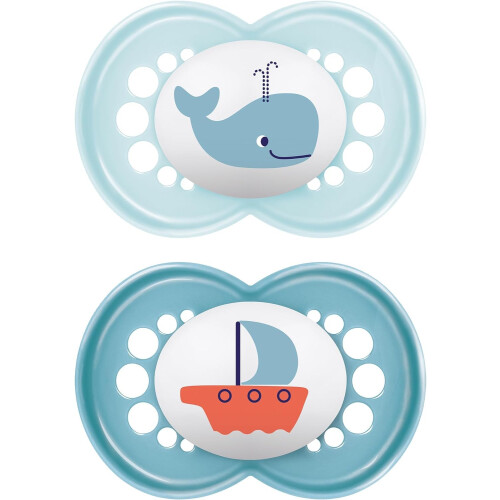 MAM Original Soothers 16+ Months (Pack of 2), Baby Soothers with Self Sterilising Travel Case, Newborn Essentials, White (Designs May Vary)