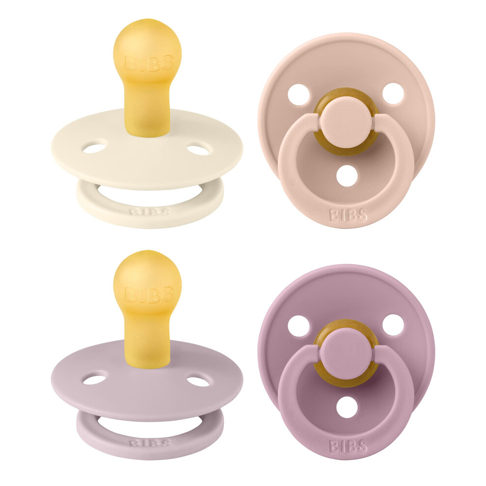 Bibs Colour Soother 4-Pack, Bpa Free Dummy Pacifier, Round Nipple. Natural Rubber Latex, Made In Denmark. 0-6 Months (Pack Of 4), Baby Girl Colours