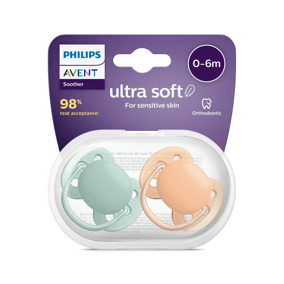 Philips Ultra Soft Pacifier 2 Pack - Bpa-Free Dummy For Babies From 0-6 Months, (Model Scf091/03) Orange/Green Avent