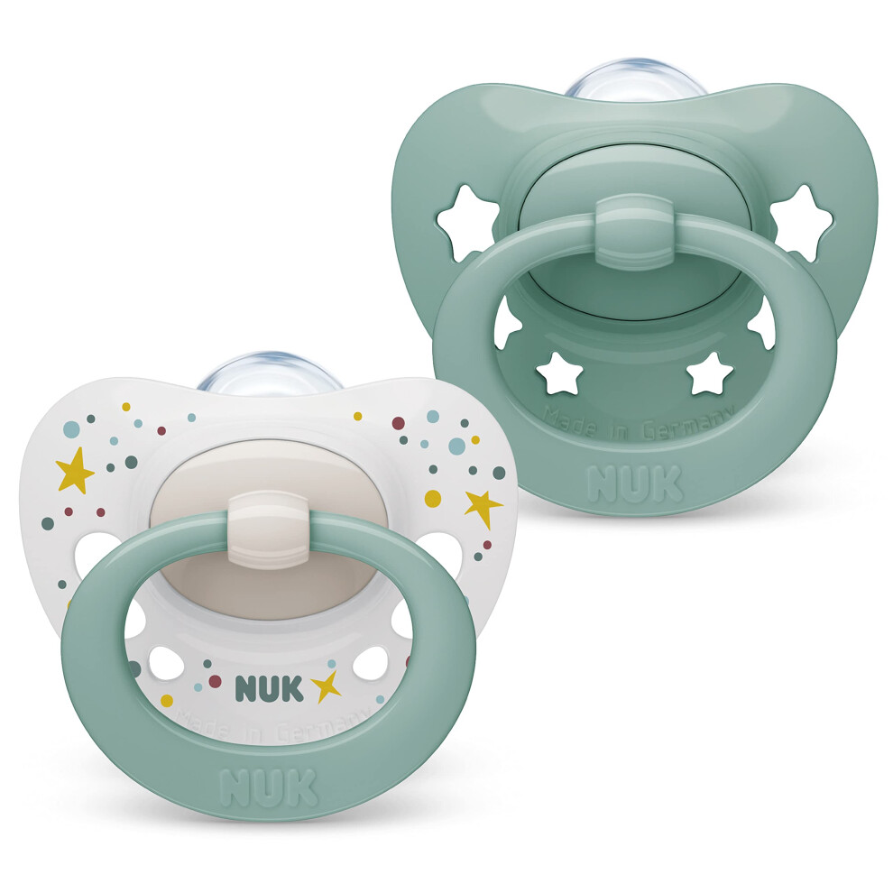 Signature Baby Dummy | 0-6 Months | Soothes 95% of Babies | Heart-Shaped BPA-Free Silicone Soothers | Includes Case | Green Stars | 2 Count