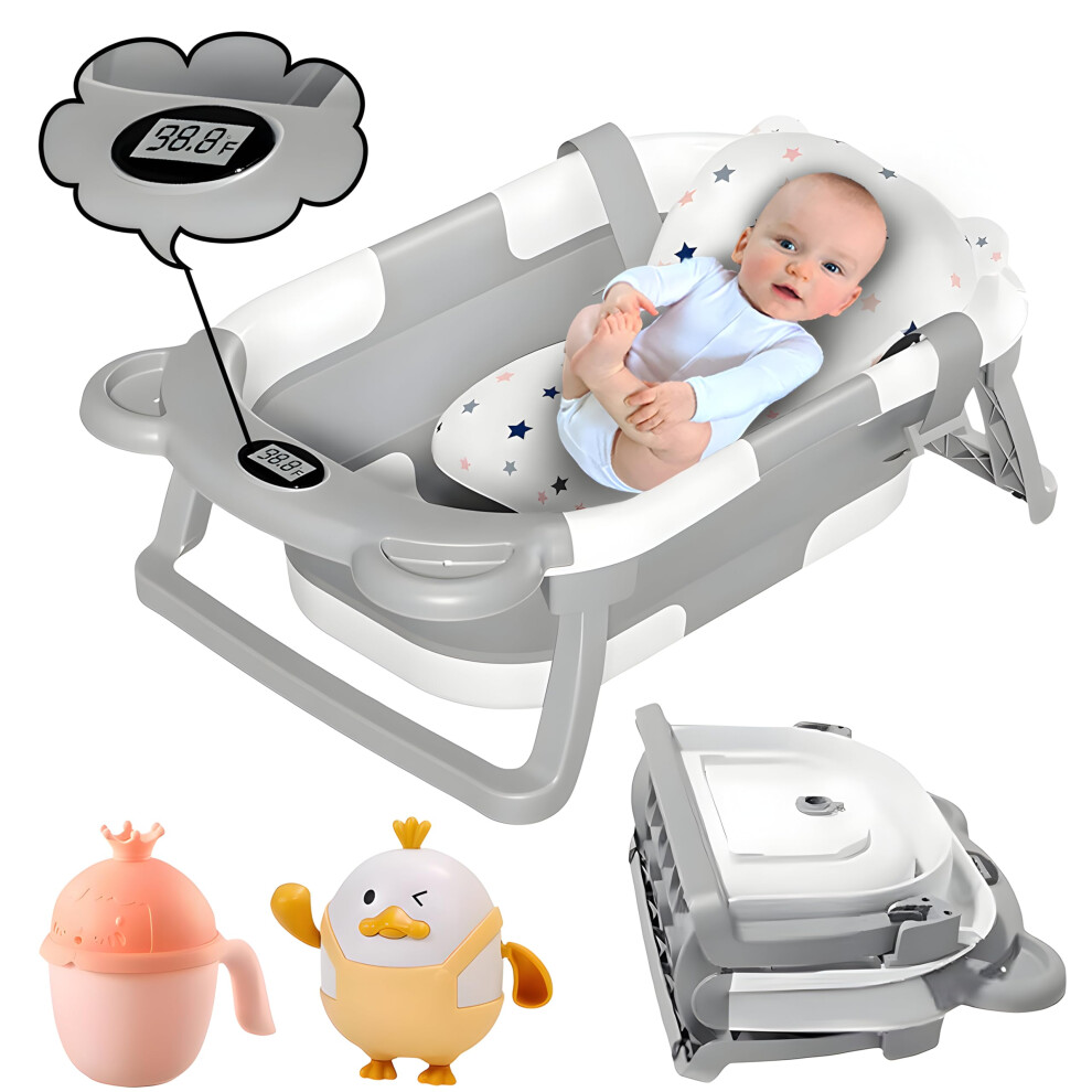 Collapsible Baby Bath Tub With Thermometer - Baby Bath Support For Newborn Bath - Portable Bathtub With Drain Plug For Travel - Anti Slip Tub With Matercubs