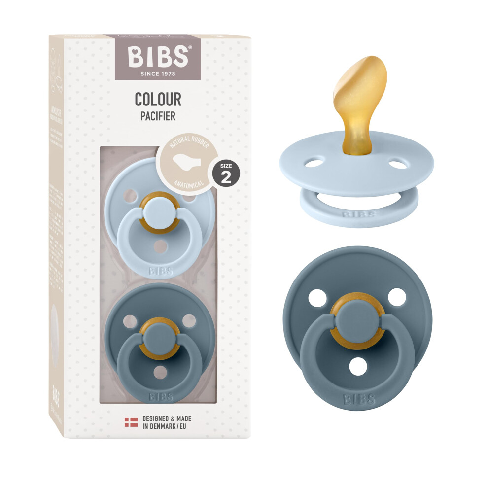 Bibs Colour Anatomical Soother 2-Pack, Bpa Free Dummy Pacifier, Orthodontic Nipple. Natural Rubber Latex, Made In Denmark. 6-18 Months (Pack Of 2), Baby