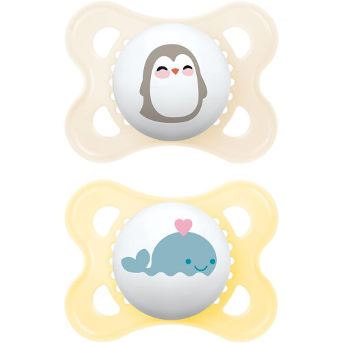 MAM Original Soothers 0+ Months (Pack of 2), Baby Soothers with Self Sterilising Travel Case, Newborn Essentials, Grey/White (Designs May Vary)