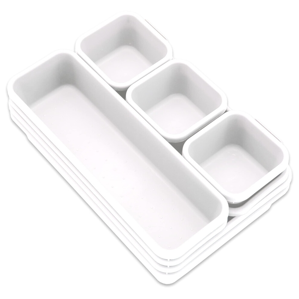 8pcs Interlocking Drawer Organiser Plastic Storage Trays Dividers for Kitchen Office Desk Make-Up Clothing Jewellery Craft Bathroom organising, White