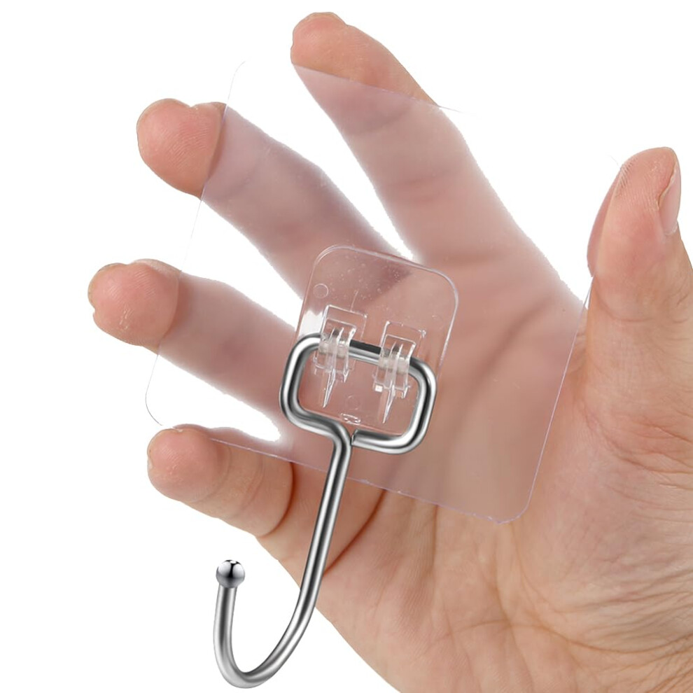 10PCS Self Adhesive Hooks Heavy Duty 44 lb/ 20kg (Max) Strong Sticky Hooks, Damage Free Hanging Large Size Wall Hooks Up, Clear Stick on Hooks for