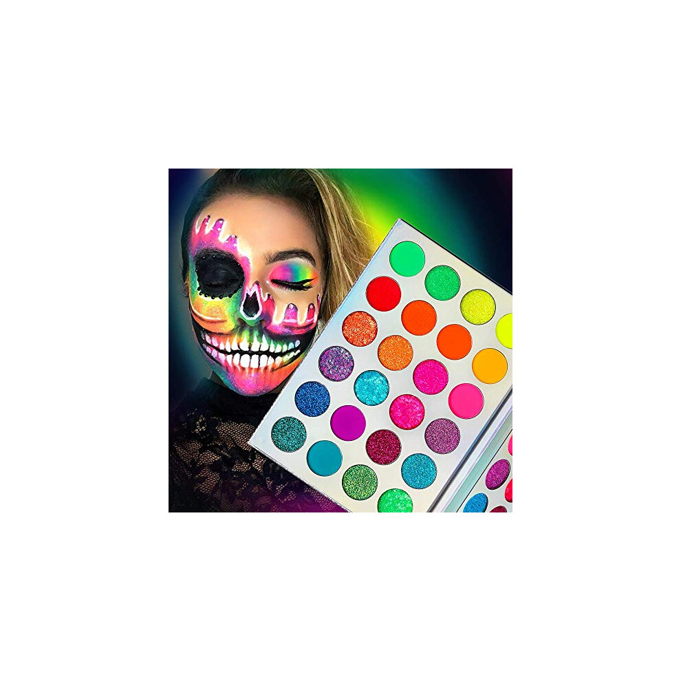 Afflano Pink,Green,Red Neon Eyeshadow Palette, Glow In The Dark Eyeshadow Highly Pigmented, Pink Green Red Uv Glow Pressed Glitter Eye Shadow Pallet, Rainbow Bright Neon