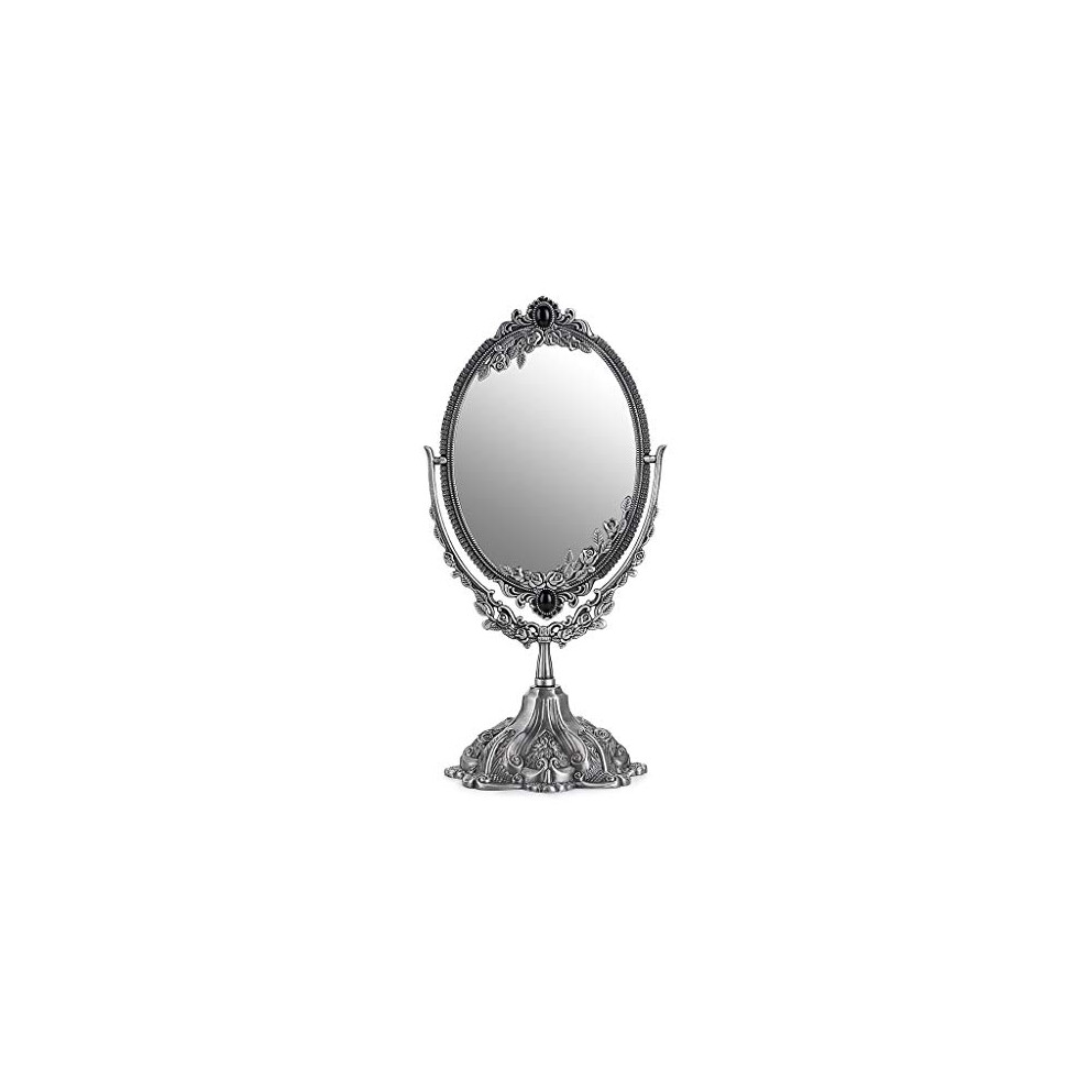 Makeup Mirror Vintage Mirror Oval Double Sided Rotatable Dressing Mirror Desktop Vanity Decorative Standing Tabletop (Small,Silver)