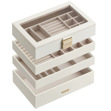 Stackable Jewellery Trays, 4-Tier Jewellery Box, Large Jewellery Case, Clear Glass Lid, 17 x 28 x 18.3 cm, for Dressing Table, Gift Idea, Cloud White