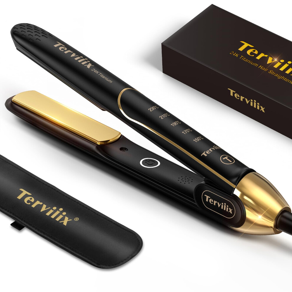 100% Titanium Hair Straighteners, 24K Salon Professional Flat Iron and Curler 2 in 1, Non-Snagging Straightening Iron for One Swipe, 15s Ultra Fast