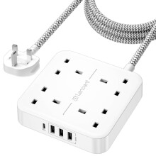 Extension Lead with 4 Way Outlets, 3250W 13A Power Strip, 1.8M Braided Extension Cord, 1 USB-C and 3 USB Slots, Multi Power Plug Extension for Home
