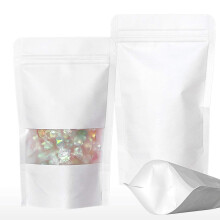 50pcs White Kraft Stand Up Food Bags, Zip Lock Reusable Packing Pouches with Transparent Window and Tear Notch Thicken Heat Sealable, for Storing,
