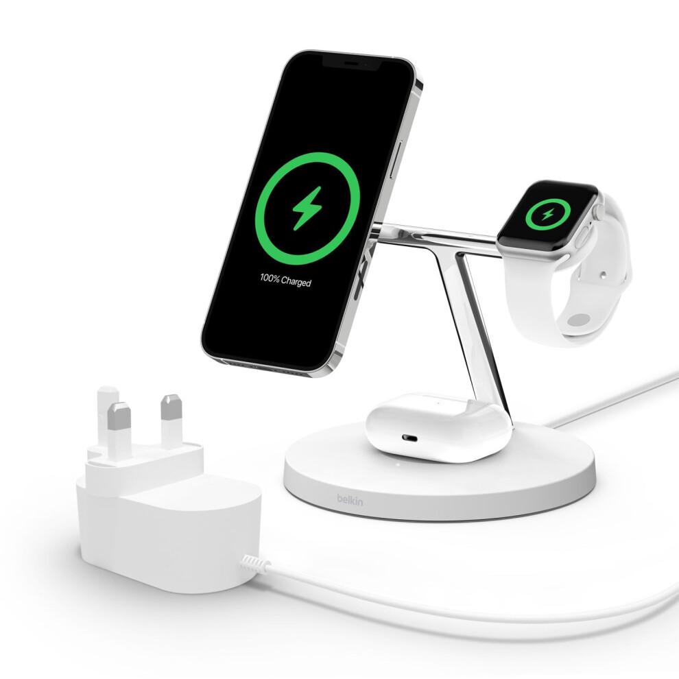 BoostCharge PRO 3-in-1 Wireless Charger with MagSafe for iPhone 15, iPhone 14, 13 and 12 + Apple Watch + AirPods (Magnetically Charges Models up to