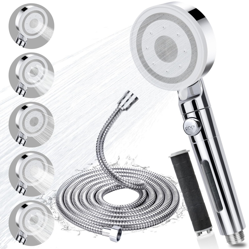 Shower Head and Hose 2M, High Pressure Shower Head Filter 5 Modes, Universal Shower Heads with Pause Switch, Handheld Water Saving Shower Head to