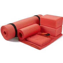 GoYoga 7-Piece Set - Include Yoga Mat with Carrying Strap, 2 Yoga Blocks, Yoga Mat Towel, Yoga Hand Towel, Yoga Strap and Yoga Knee Pad (Red,