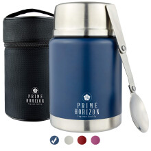 Prime Horizon Food Flask - 500ml Stainless Steel Vacuum Double Wall Jar with Folding Spoon, Leakproof and BPA Free. Free Insulated Travel Bag with