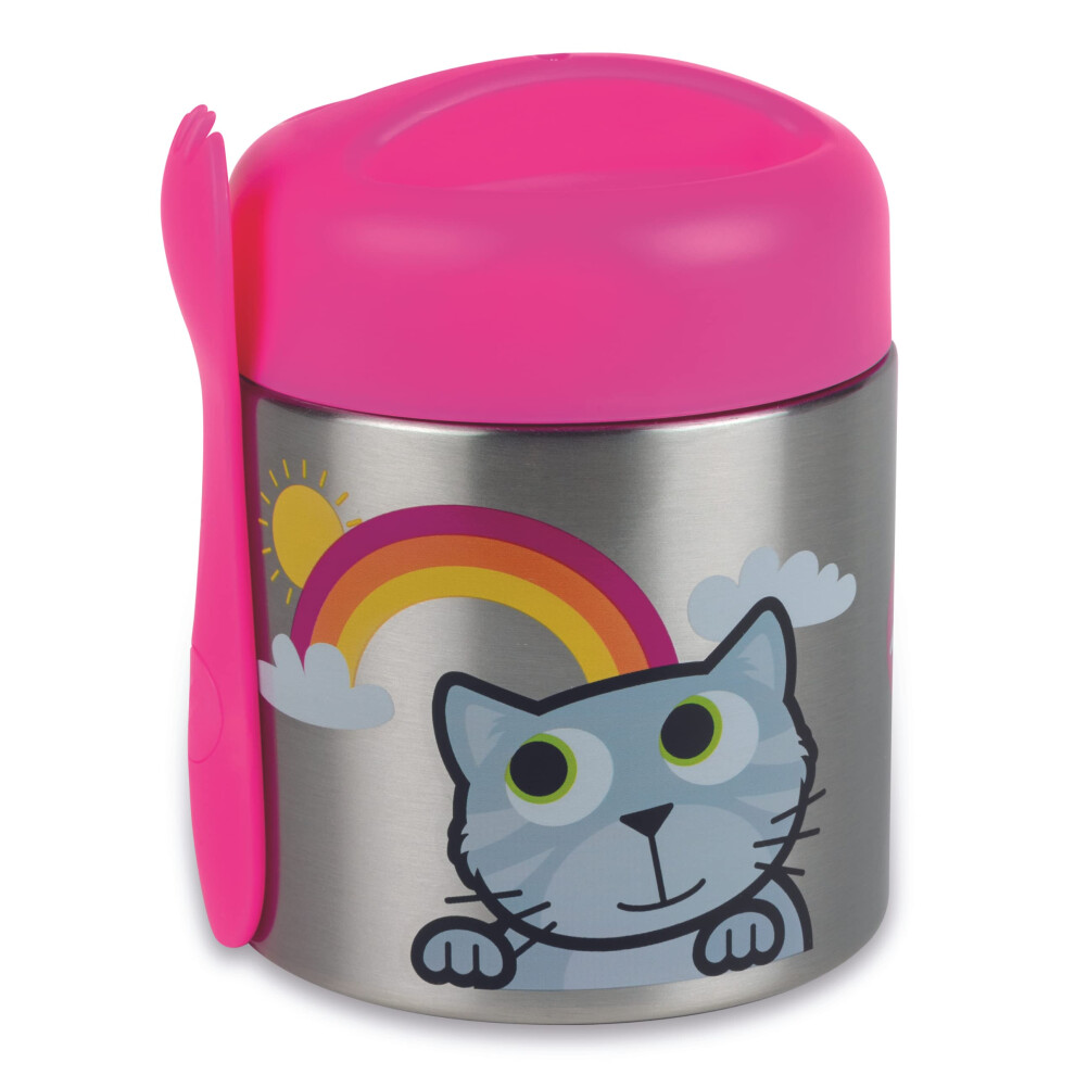 Tum Tum Kids Food Flask With Magnetic Spork & Easy Open Lid, Insulated Food Jar, 300Ml, Bluebell The Cat