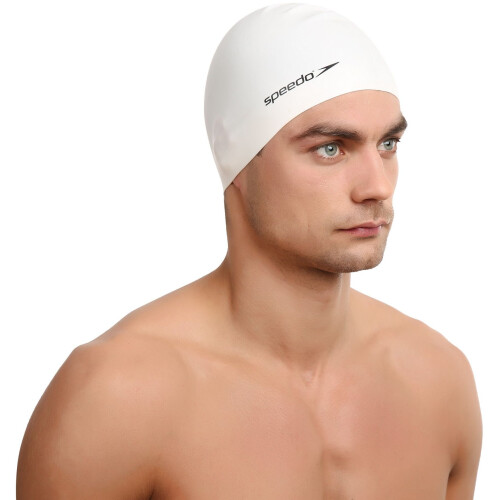 Speedo Unisex Flat Silicon Swim Cap | Hair Protect, White, One Size 1