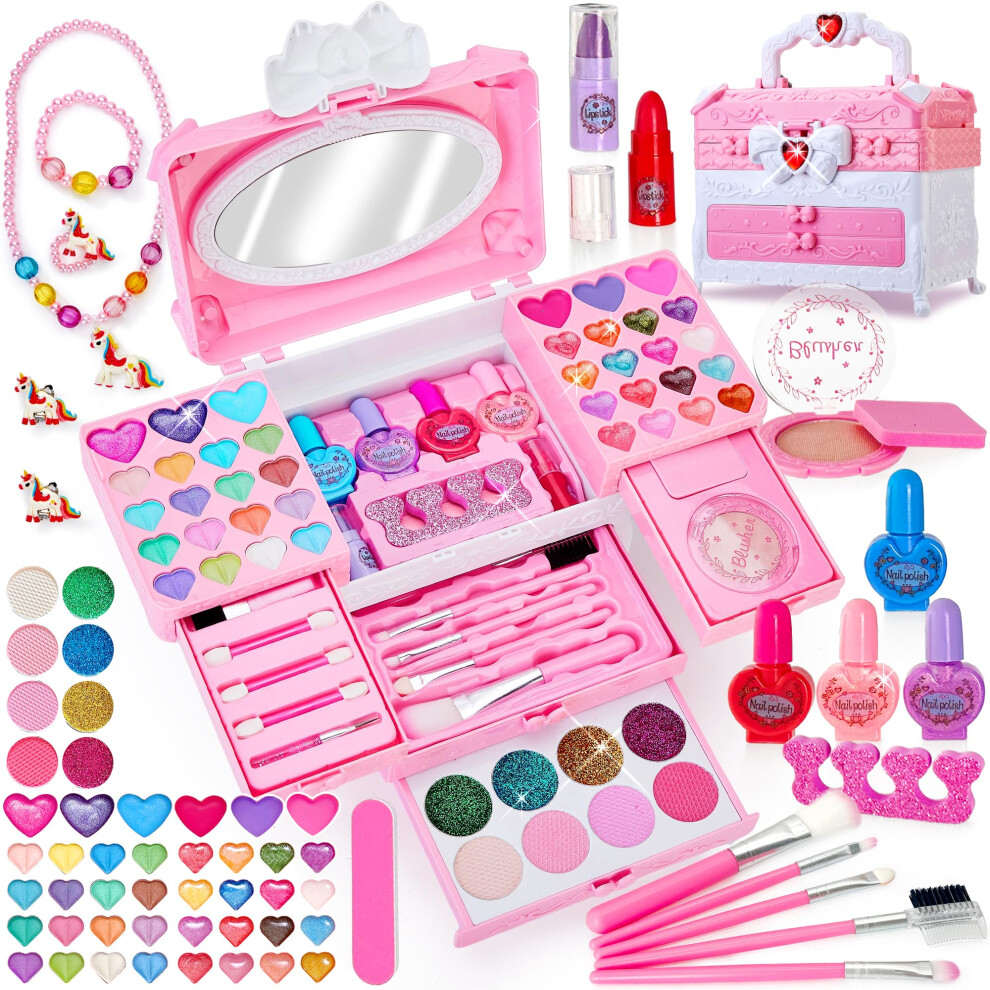 Lubibi Kids Makeup Set For Girls, 67 Pcs Washable Kids Make Up Toys With Necklace, Non-Toxic Makeup Set With Cosmetic Case, Real Girls Makeup Set Christmas