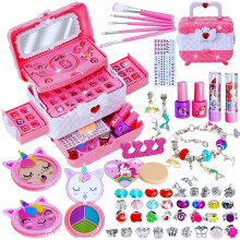 Lubibi 2-in-1 Kids Makeup and Bracelet Making Kit - Washable Non-Toxic Play Makeup with Unicorn Jewelry Craft for Girls Aged 5-9