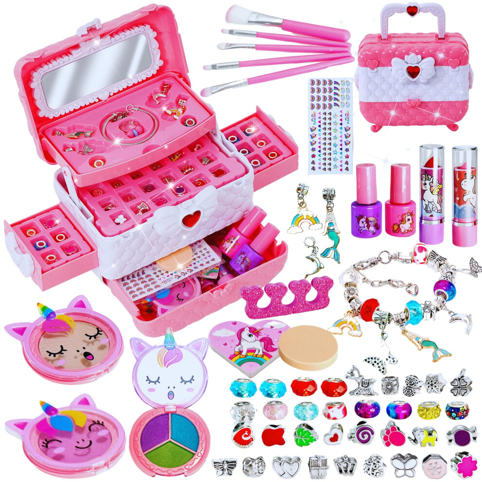 Kids Makeup Set Bracelet Making Kits for Girls, 2 in 1Washable Real Children Play Makeup and Kids Jewellery Making Kit, Unicorn Gift for Girs Age 5 6