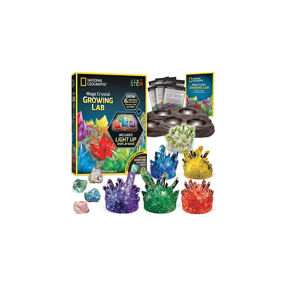 Mega Crystal Growing Kit for Kids- Grow 6 Crystals with Light-Up Stand and Gemstones, Science Gifts for Kids 8-12, Crystal Making Experiment, DIY