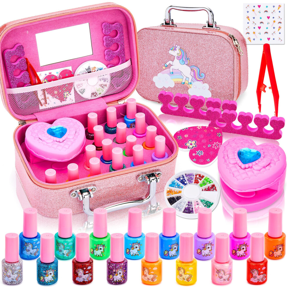 Kids Nail Varnish Set For Girls, 16 Colour Non-Toxic Peel-Off Water-Based Safe Quick Dry Nail Polish With Nail Dryer,Nail Files, Nail Stickers, Gem,