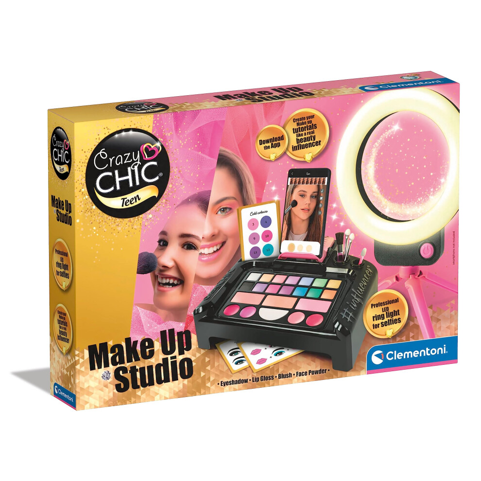 Clementoni- Crazy Chic Make-Up Studio: Illuminated Make-Up Set with Washable Cosmetics & Professional Brushes for Kids (6+ Years)