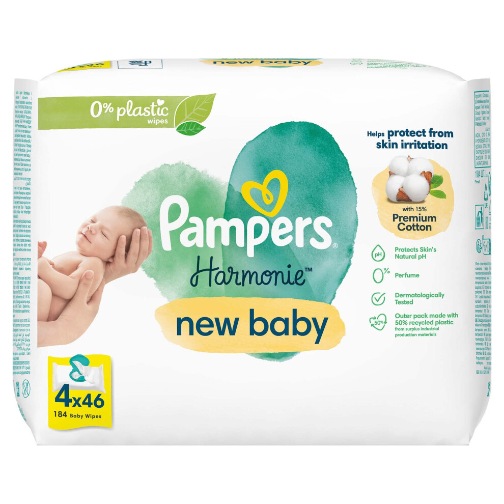 Harmonie New Baby Wipes Plastic Free 4 Packs = 184 Baby Wet Wipes