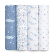oceanic Swaddle Blanket - Pack of 4 | Large 100% Breathable Organic Muslin Cotton Swaddle Wrap Set for Baby Boys | Blue, Wales, Stars Print Designs |