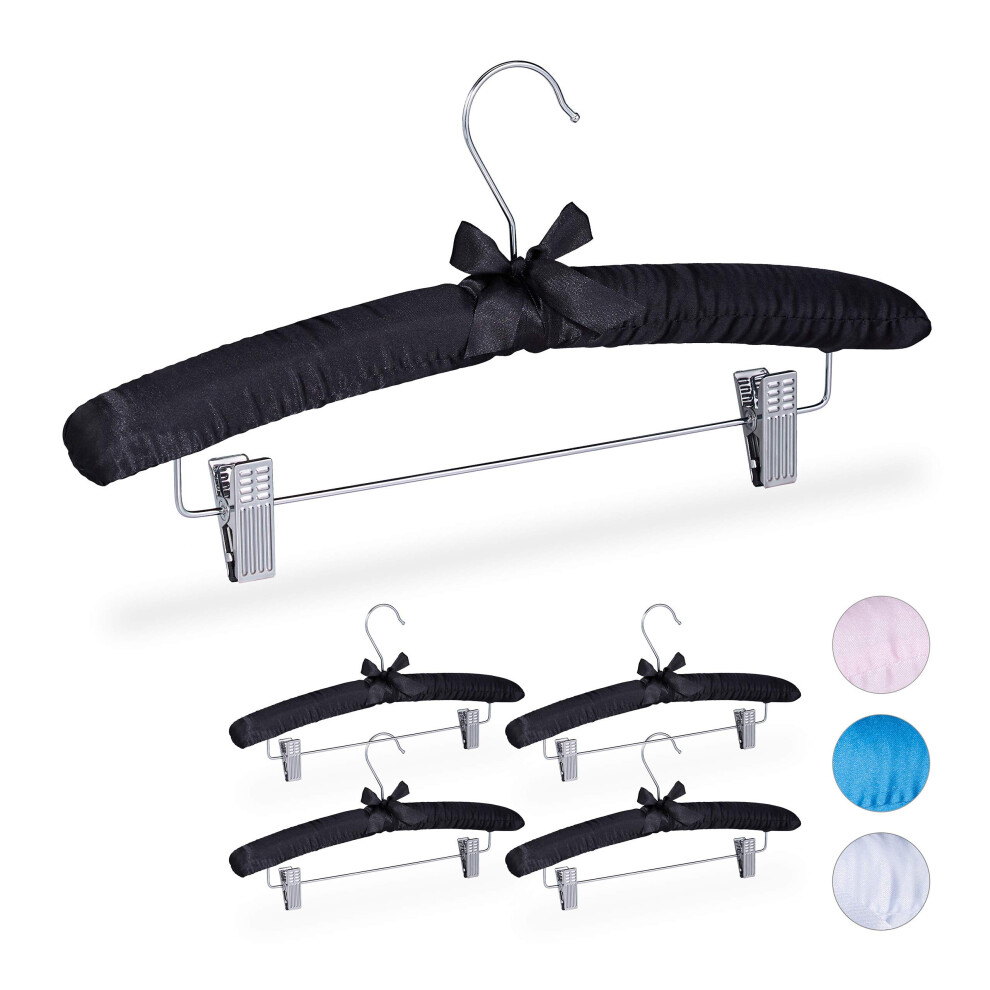 Satin Coat Hangers Set Of 5 Padded Vintage Adjustable Clips Swivel Hook 38cm Wide Black