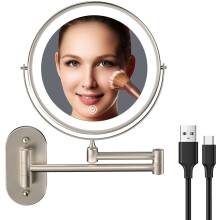 Rechargeable Wall Mounted Lighted Makeup Vanity Mirror 8 Inch Double Sided 1X 10X Magnifying Bathroom Mirror, 3 Color Lighting, Touch Screen Dimming,