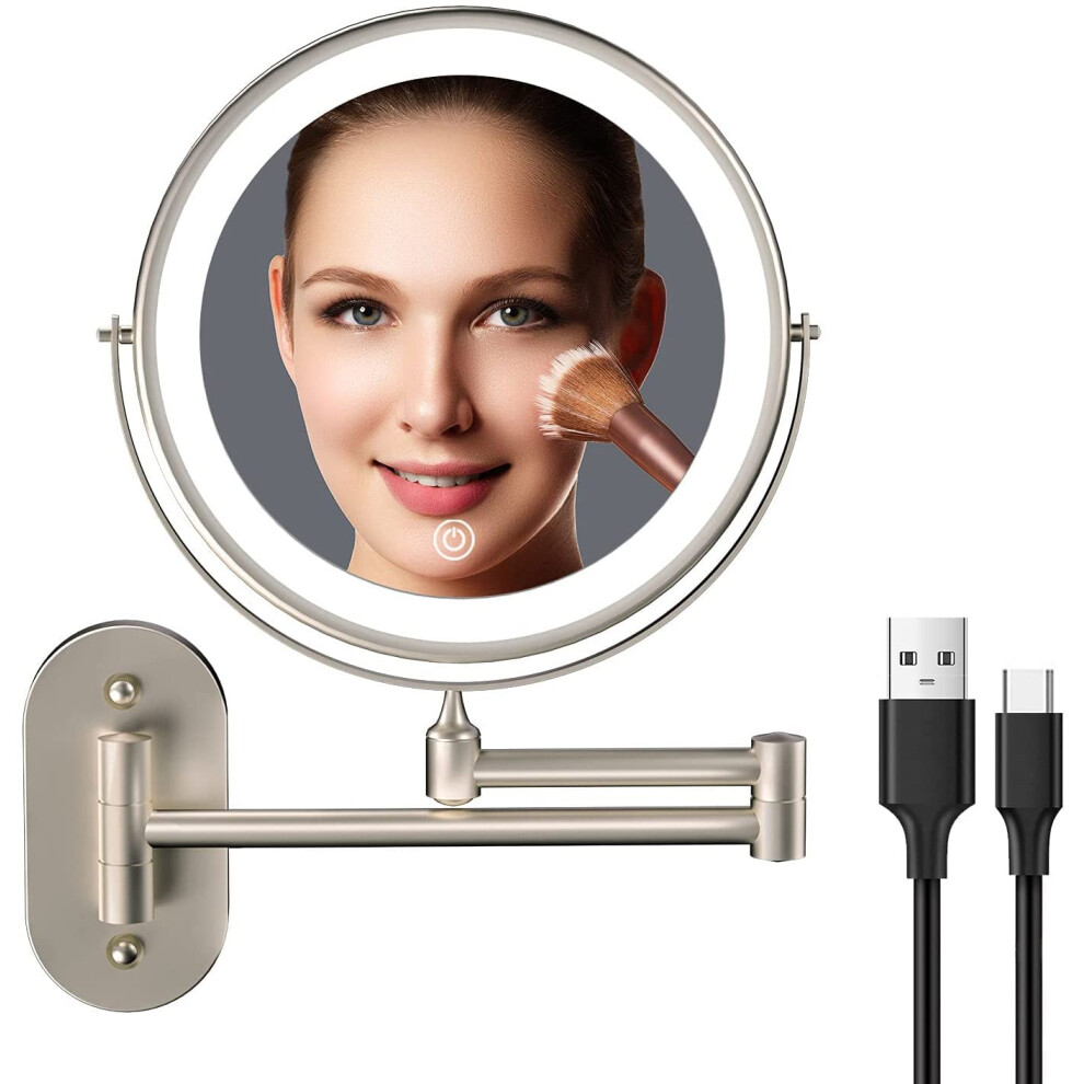 Rechargeable Wall Mounted Lighted Makeup Vanity Mirror 8 Inch Double Sided 1X 10X Magnifying Bathroom Mirror, 3 Color Lighting, Touch Screen Dimming,