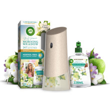 Air Wick Aerosol-Free Automatic Air Freshener Spray Kit, Morning Meadow, 1 gadget & 1 Refill (228ml), 24x7 Active Fresh Odour Neutraliser, Lasts Up to