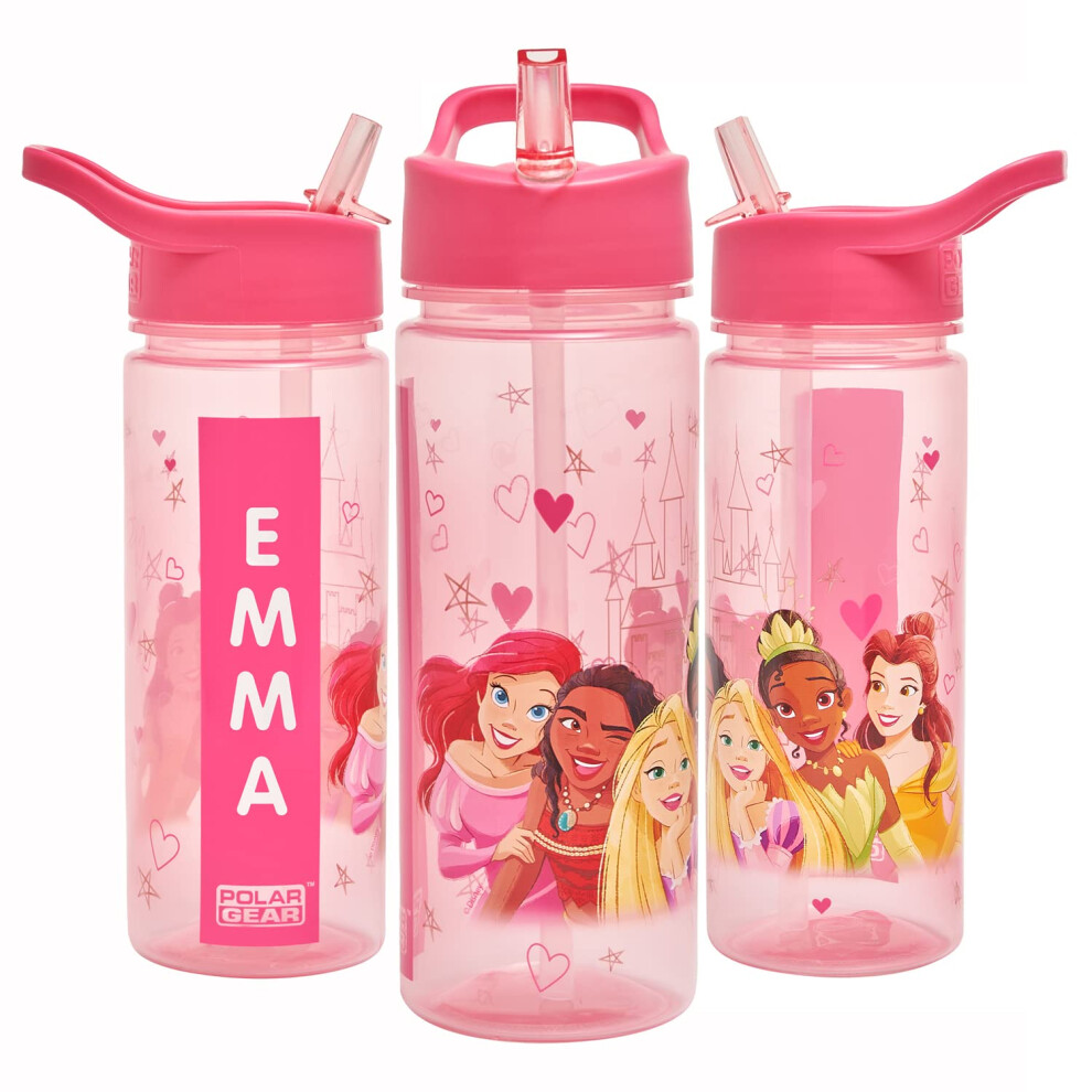 Princess Personalised Sticker Water Bottle with Straw 500mlâOfficial Merchandise by Polar Gear, Kids Reusable Non Spill BPA Free Tritan â Ideal