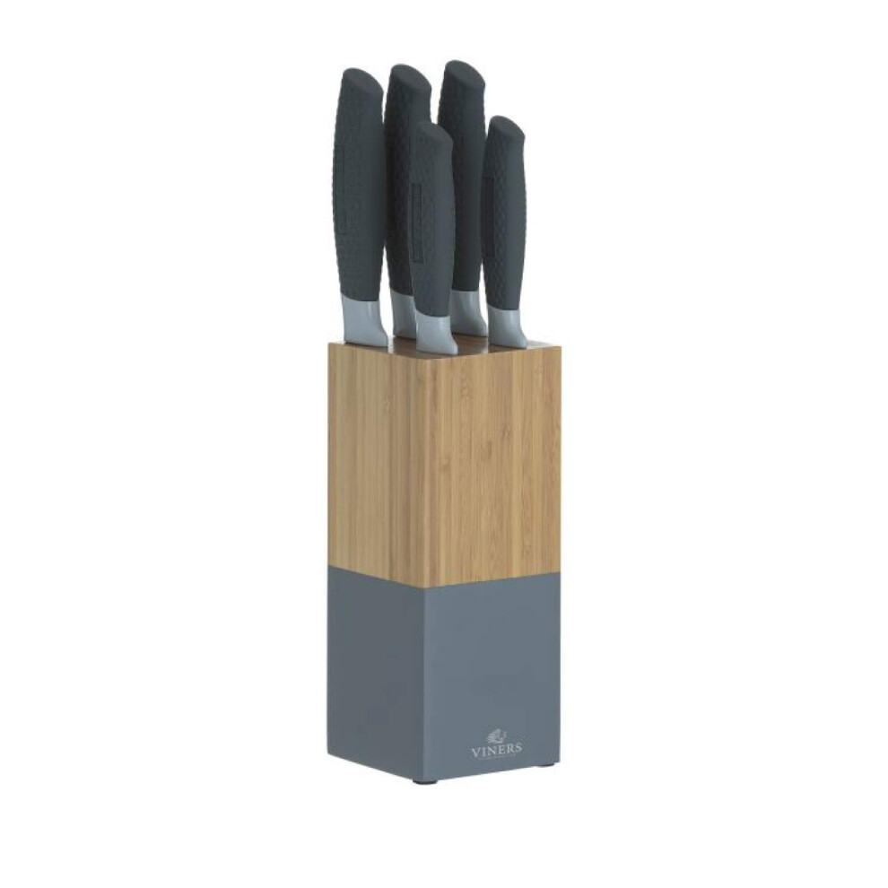Horizon Block Set | 5 Kitchen Knives & Bamboo Knife Holder with a 10 Year Guarantee | Grey, 6, Stainless Steel, 5 Piece