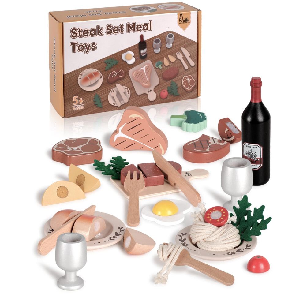 Wooden Play Food for Kids Steak Toy Kitchen Accessories Set Restaurant Pretend Play for 3 Boys Girls on OnBuy