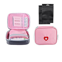 Mini First Aid Pouch Portable Pill Organiser Easy Carry Empty Medicine Container with Multi-Pocket for Travel 5.1 * 3.9 * 1.57inch Pink