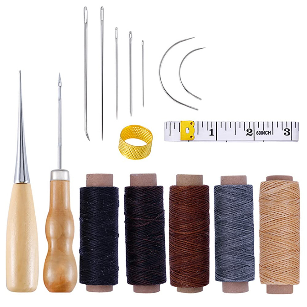 Leather Waxed Thread Cord 1mm Hand Sewing Needles Kit with 330 Yards Sewing Waxed Thread Cord Drilling Awl Thimble Leather Craft Hand Tools Kit for