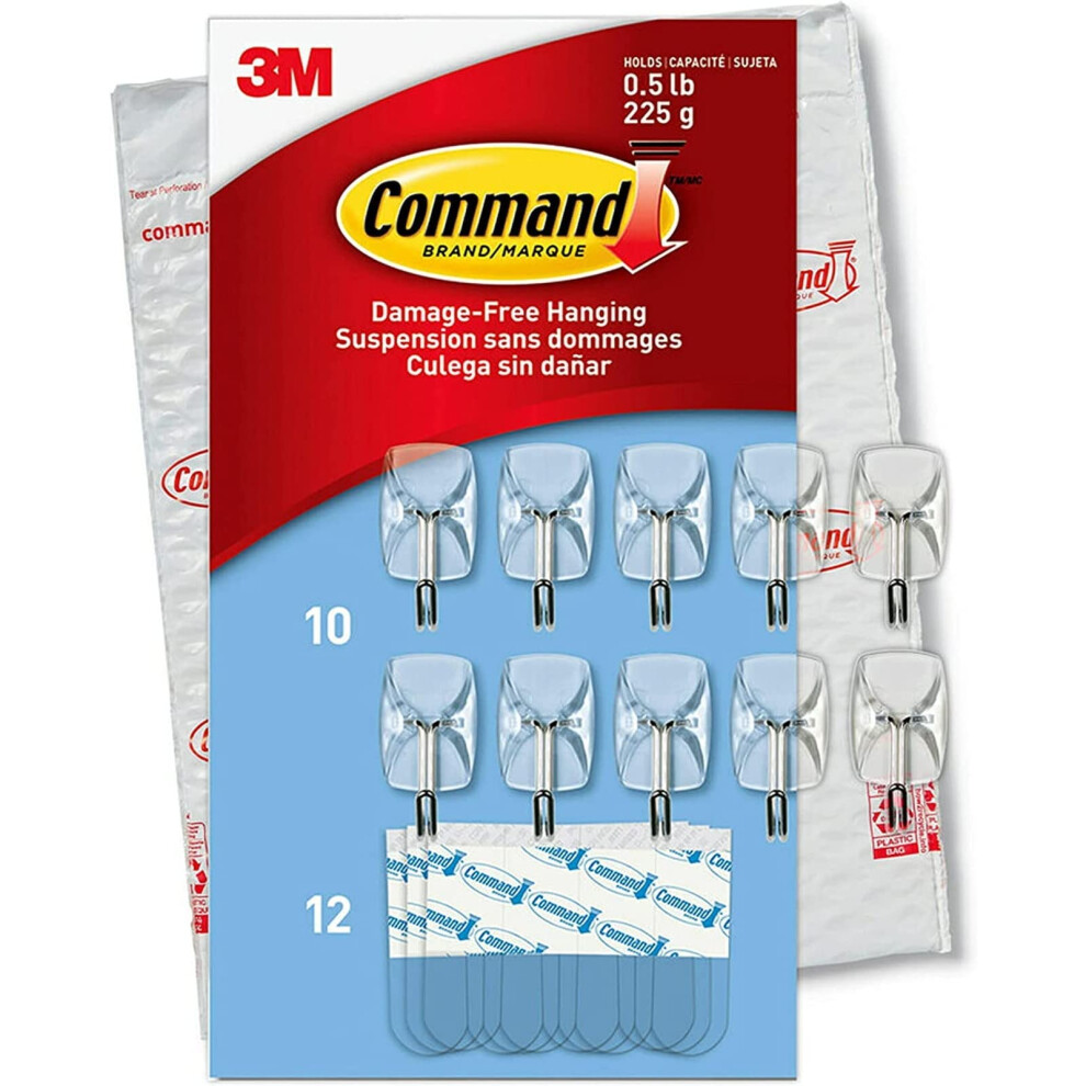 Command CL067-10NA Plastic Small Wire, 10 Hooks, 12 Strips-Easy to Open Packaging, Organize Damage-Free, Clear, Silver