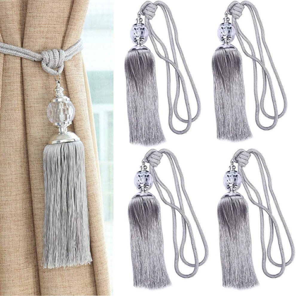 4 Pcs Curtains Tieback Tassel Curtain Tiebacks Rope Silver Curtain Holdback Braided Tie Backs Curtain Holder for Living Room Bedroom Decorative